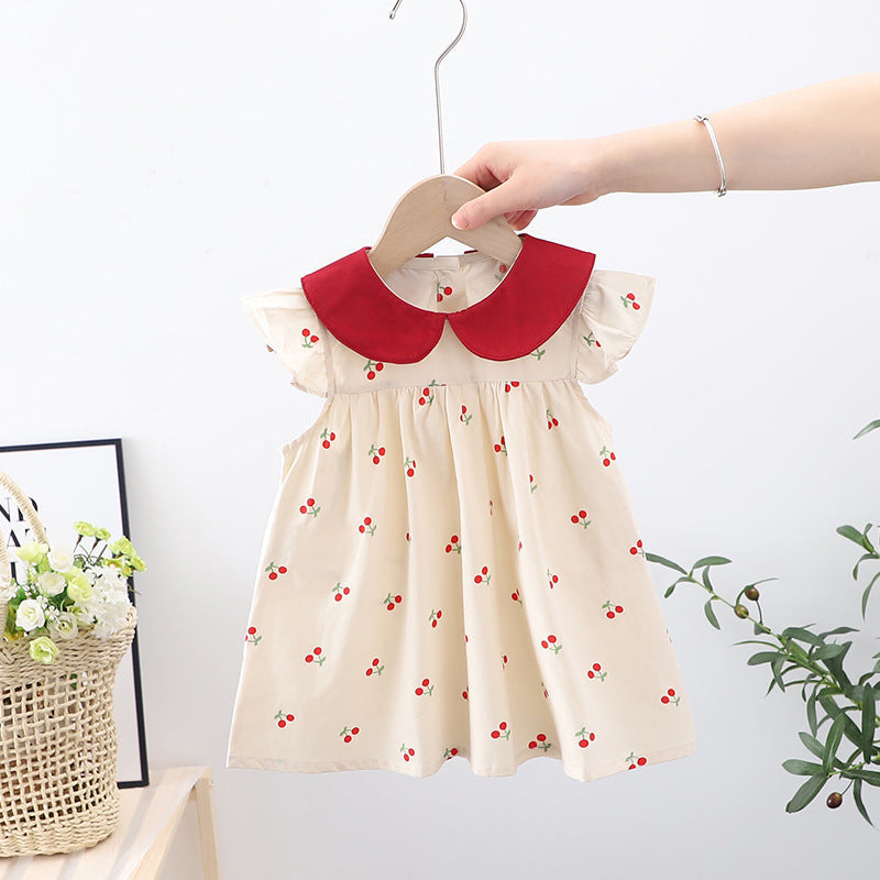 Summer Arrival Baby Girls Cherry Print Fly Sleeves Peter Pan Collar Dress-0