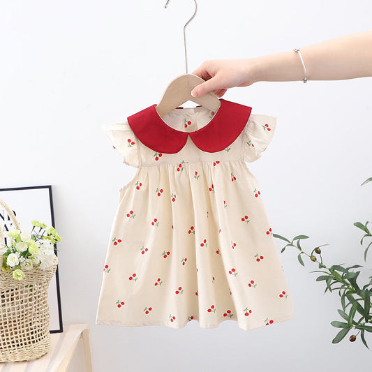 Summer Arrival Baby Girls Cherry Print Fly Sleeves Peter Pan Collar Dress-0