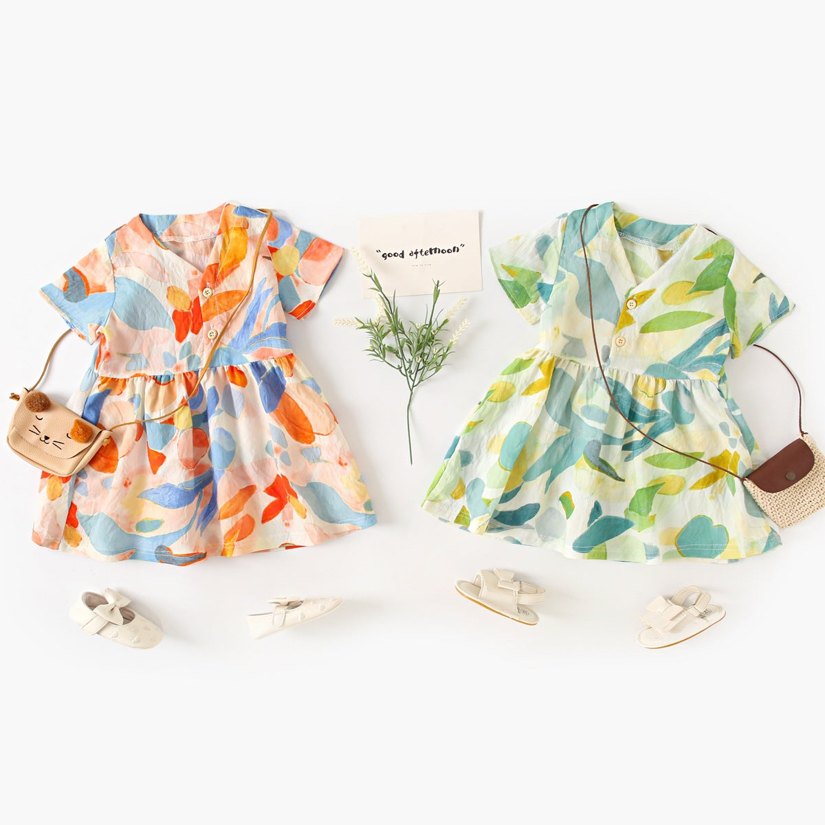 Summer Arrival Baby Girls Casual Leaves Print Short Sleeves V Neck Dress
