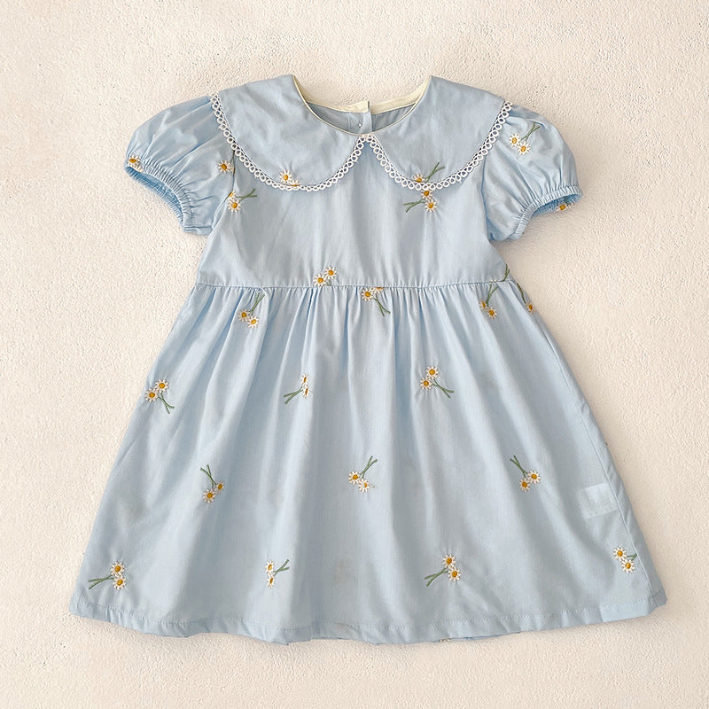 Summer Girls Simple Floral Embroidery Lace Trim Collar Short Sleeves Onesies and Girls’ Dress – Princess Sister Matching
