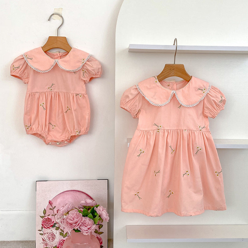 Summer Girls Simple Floral Embroidery Lace Trim Collar Short Sleeves Onesies and Girls’ Dress – Princess Sister Matching