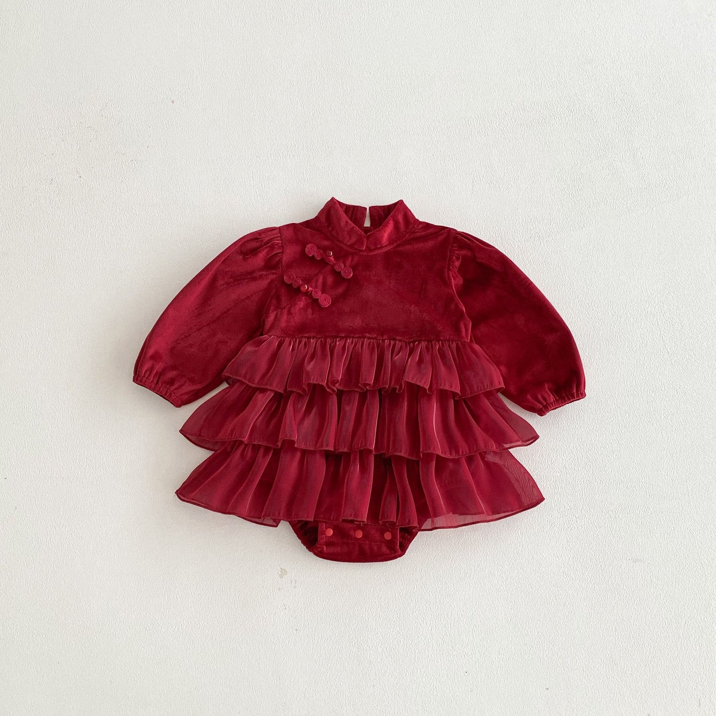 Autumn Arrival Baby Girls Long Sleeves Butterfly-bow Decorated Red Ruffle Onesies