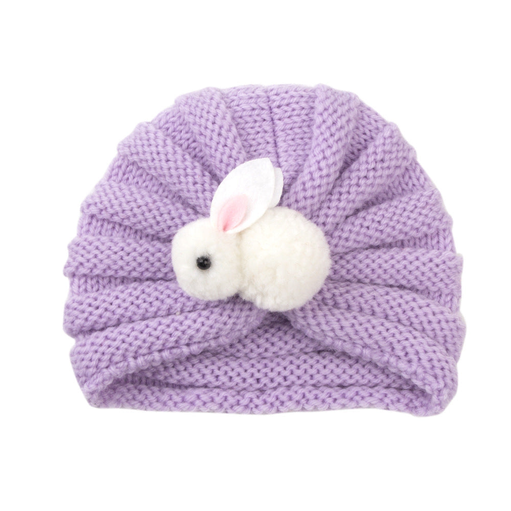 Newborn Baby Solid Color Rabbit Patched Design Wool Knitting Tire Caps-11
