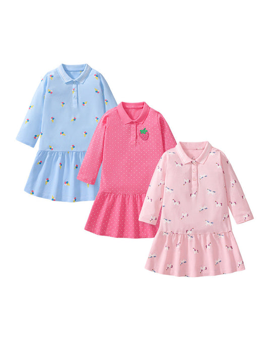 Arrival Autumn Girls Long Sleeves Cartoon Style Pattern Turn-Down Collar Long Sleeves Polo Design Dress-0