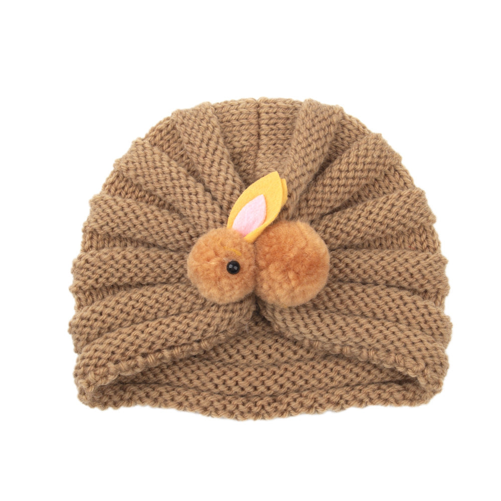 Newborn Baby Solid Color Rabbit Patched Design Wool Knitting Tire Caps-14