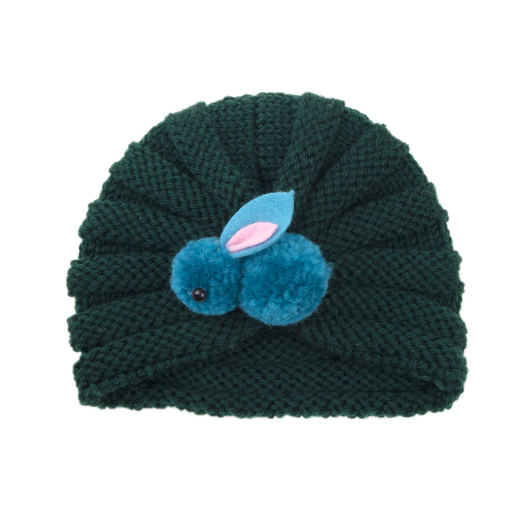Newborn Baby Solid Color Rabbit Patched Design Wool Knitting Tire Caps-12