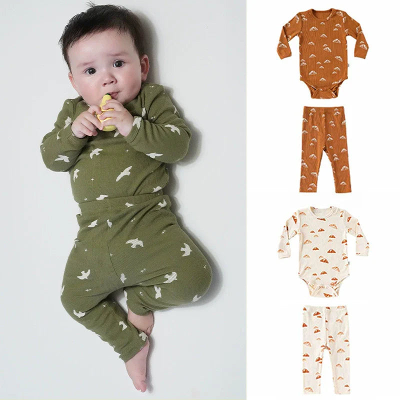 Autumn Arrival Baby Unisex Long Sleeves Geometric Pattern Crew Neck Onesies and Pants Clothing Sets