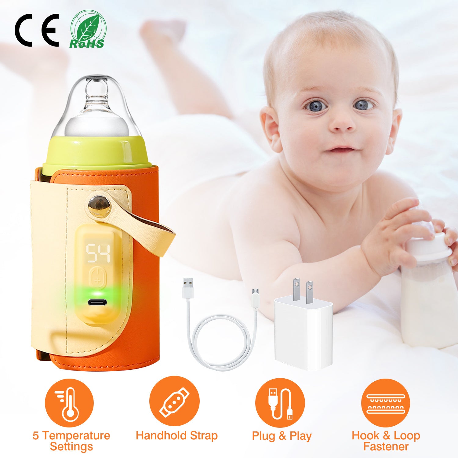 1Pc Portable Baby Milk Warmer 5 Temperature Adjustable Handheld Bottle Warmer With Fast Charge Adapter