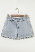 Scalloped Acid Wash High Waist Denim Shorts-0