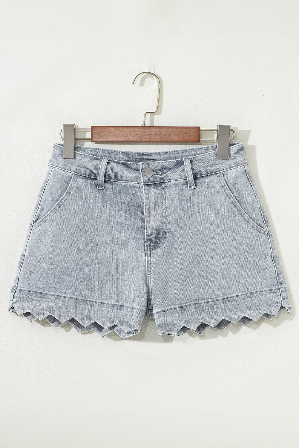 Scalloped Acid Wash High Waist Denim Shorts-0