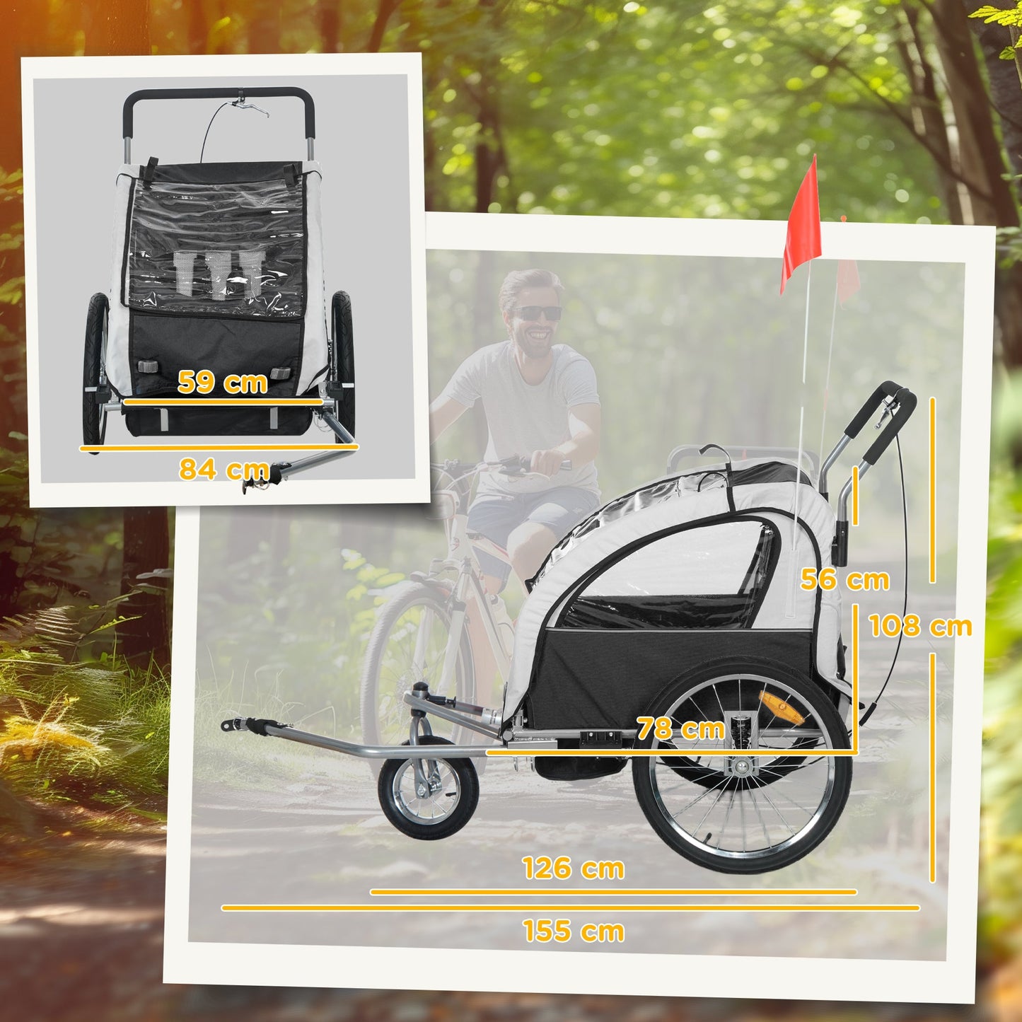 2 Seat Bike Trailer with 5 Point Harness, Baby Bike Stroller with Safety Flag, Reflectors, for 18+ Months, Black