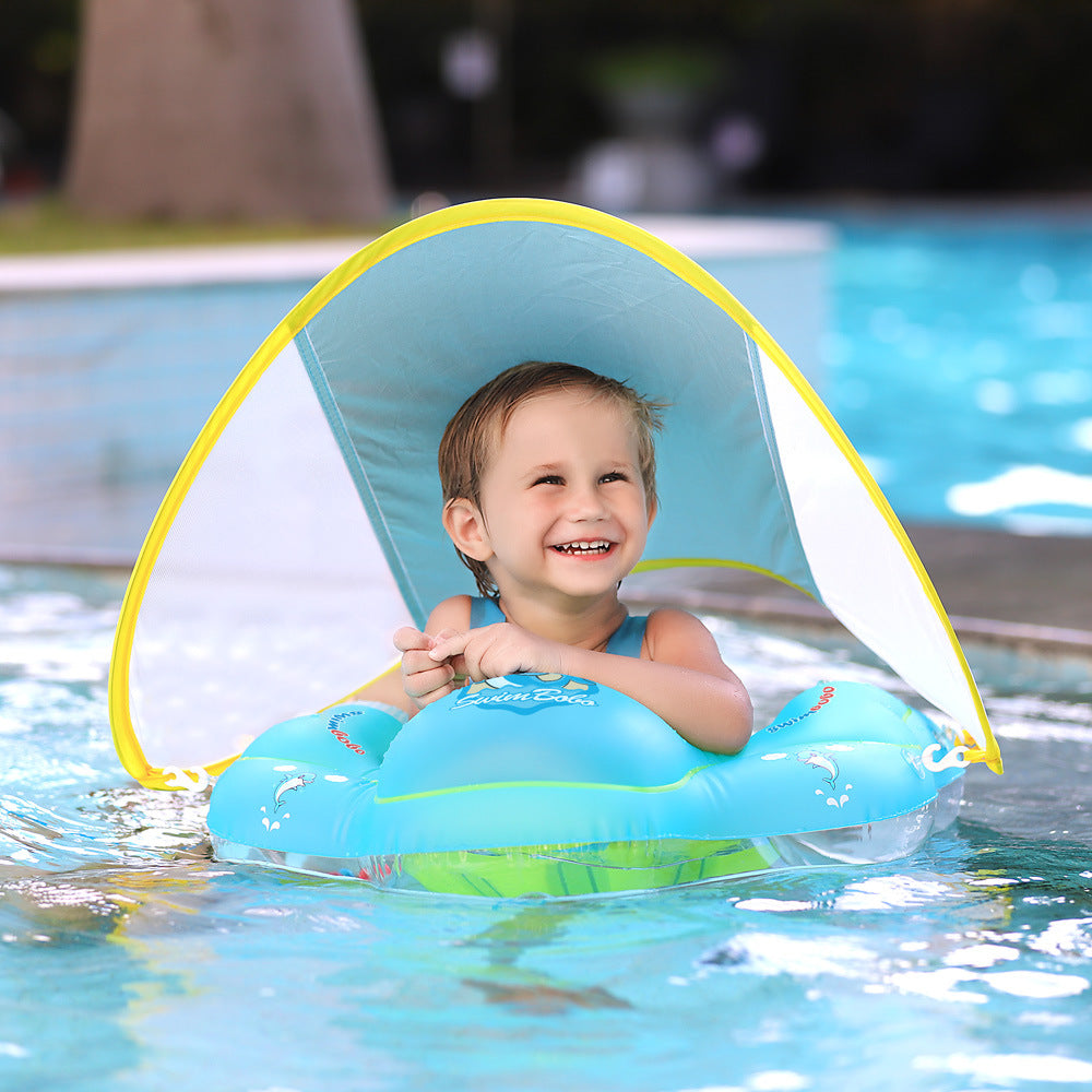 Baby Swimming Ring with Canopy & Seat Float – Blue Cartoon Design
