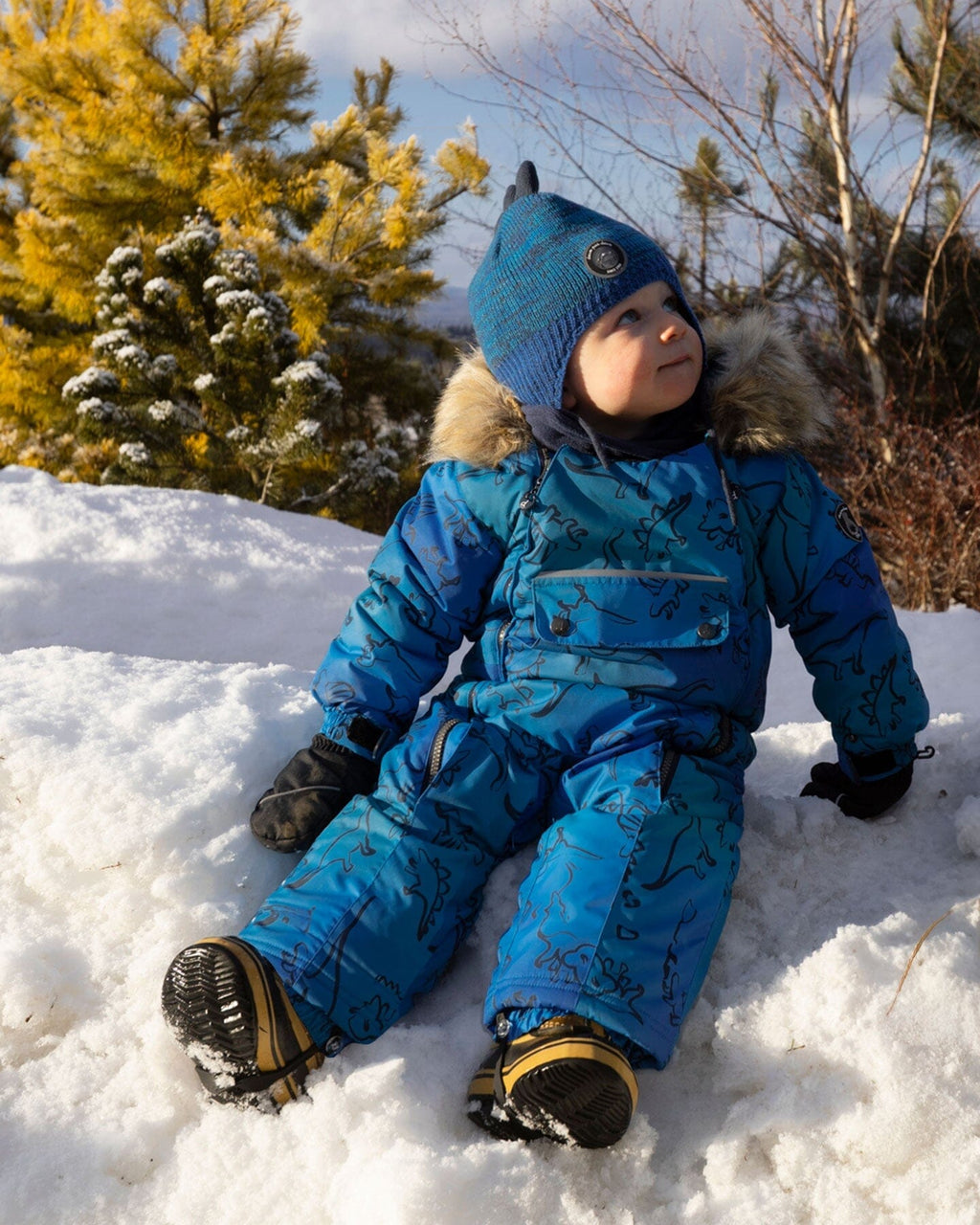 One-Piece Baby Play Snowsuit Designed For Car Seat Blue Gradient Dinosaur Print-2