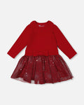 Bi-Material Dress With Glittering Skirt Red-0