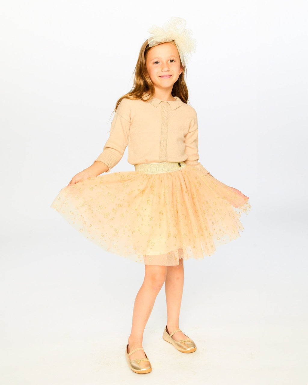 Glittering Mesh Skirt Party Dress Beige-3