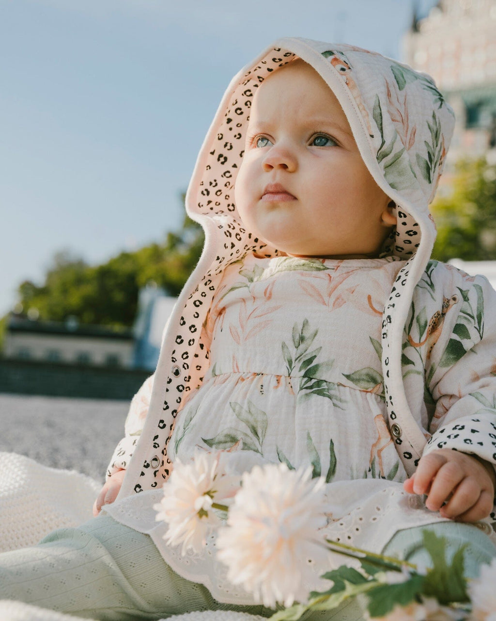 Muslin Tunic And Pointelle Leggings Set Peach Deer Print & Green-1