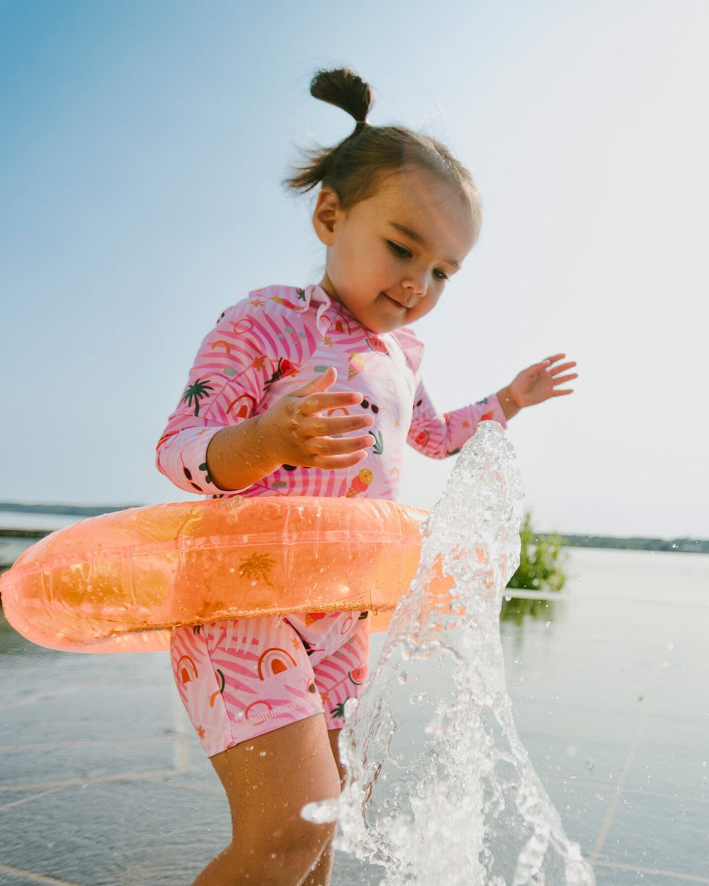 Baby And Toddler One-Piece Long Sleeve Rashguard Pink Beach Print-1