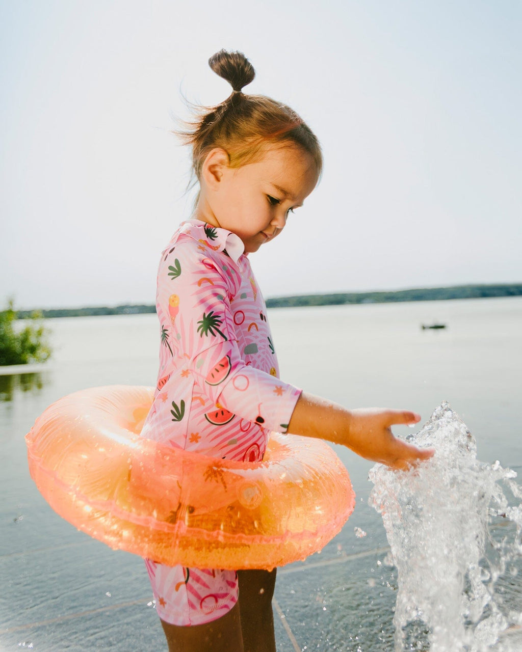 Baby And Toddler One-Piece Long Sleeve Rashguard Pink Beach Print-2