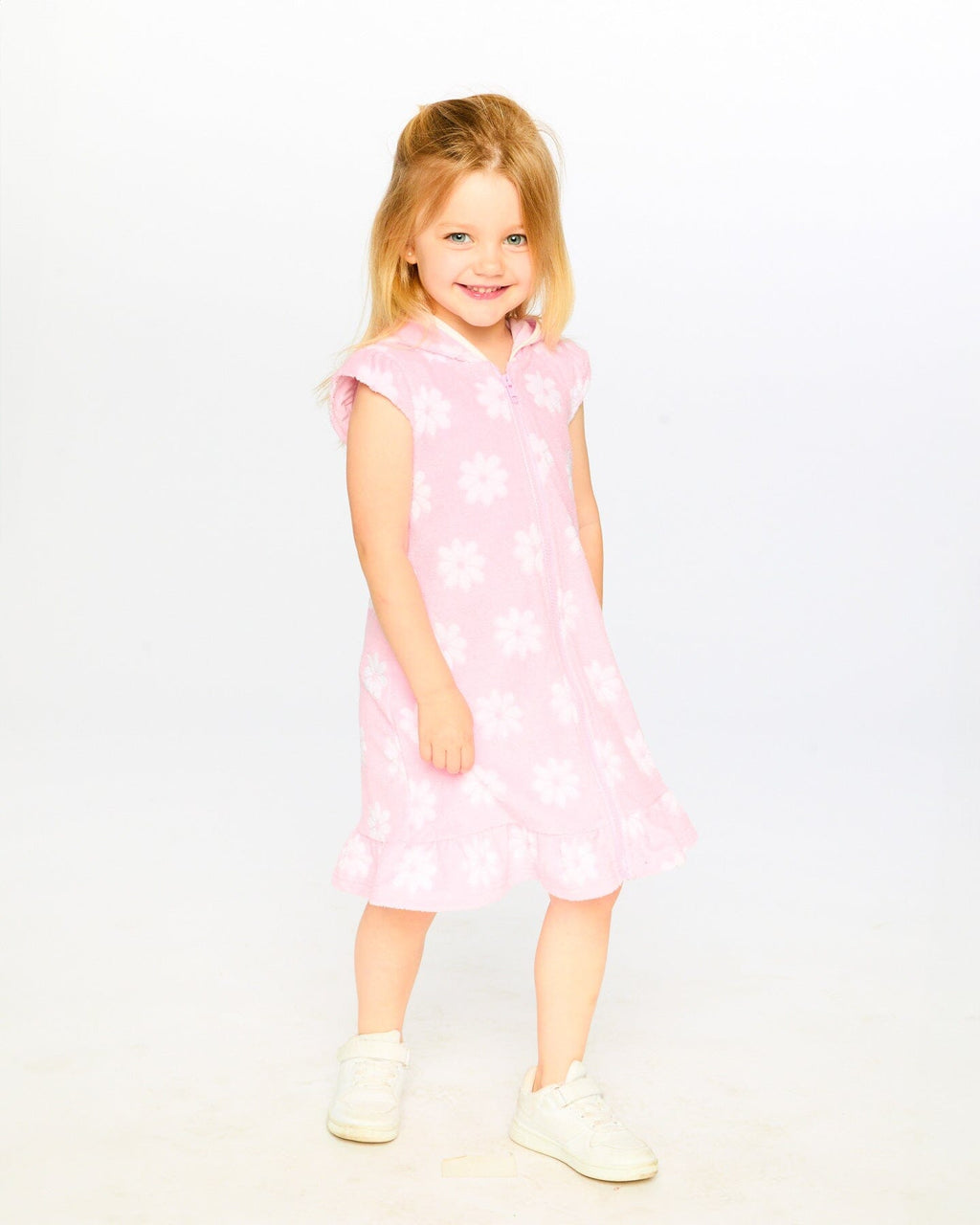 Terry Cloth Beach Hoodie Dress Pink Printed Flowers-1