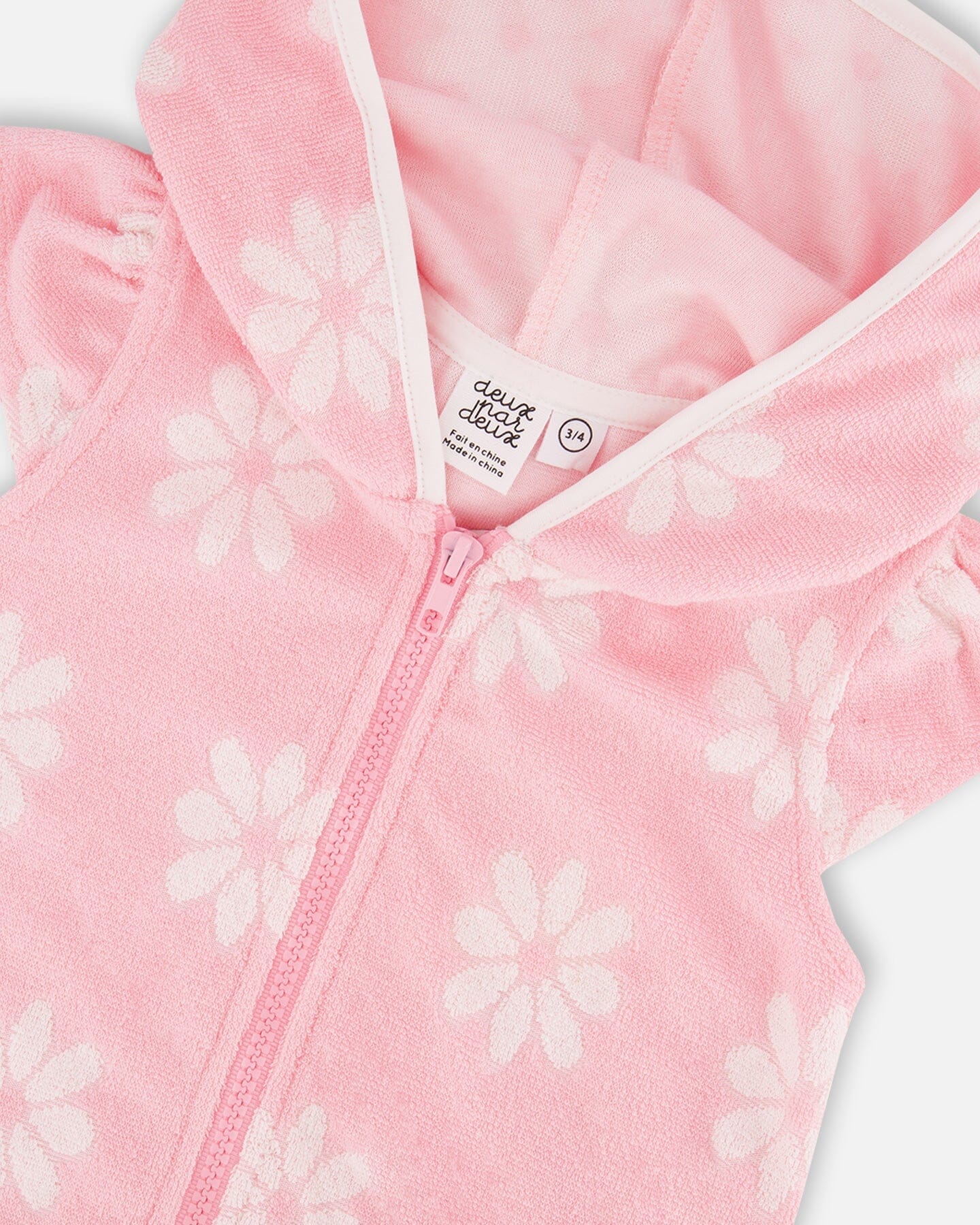Terry Cloth Beach Hoodie Dress Pink Printed Flowers-3
