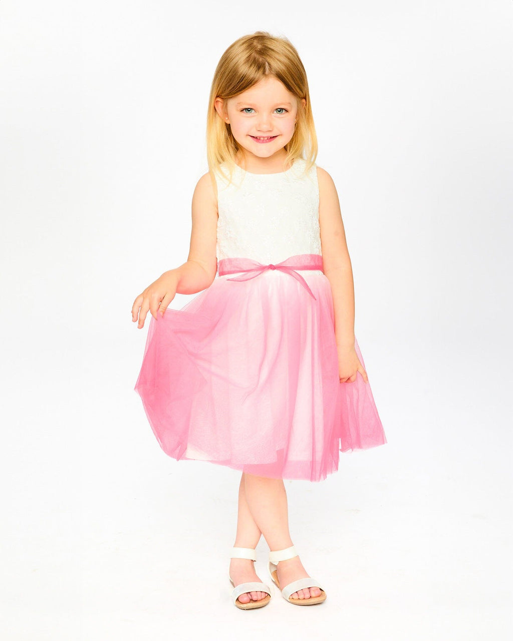 Bi-Material Pleated Mesh Dress White And Pink-1