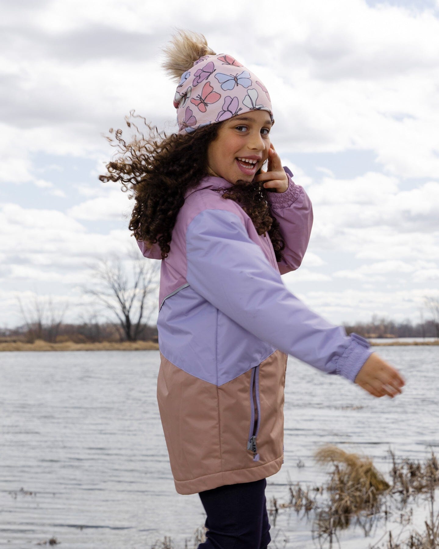 Stretch Jersey Hat Pink Printed Butterflies With Pompom-2