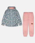 Two-Piece Mid-Season Outerwear Set Green Cat Print-0