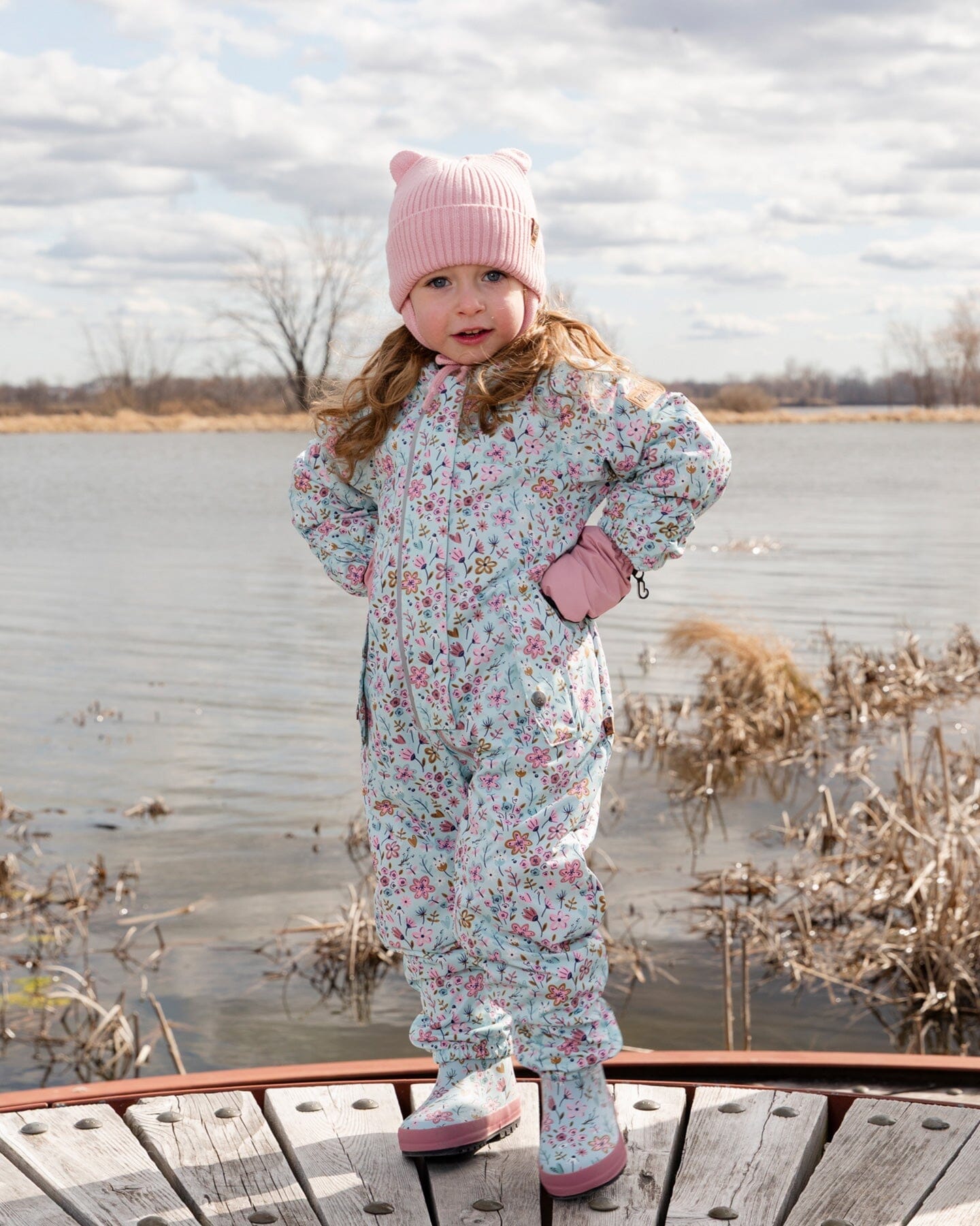 Baby Mid-Season One-Piece Outerwear With Hat Blue Mini Flower Print-1