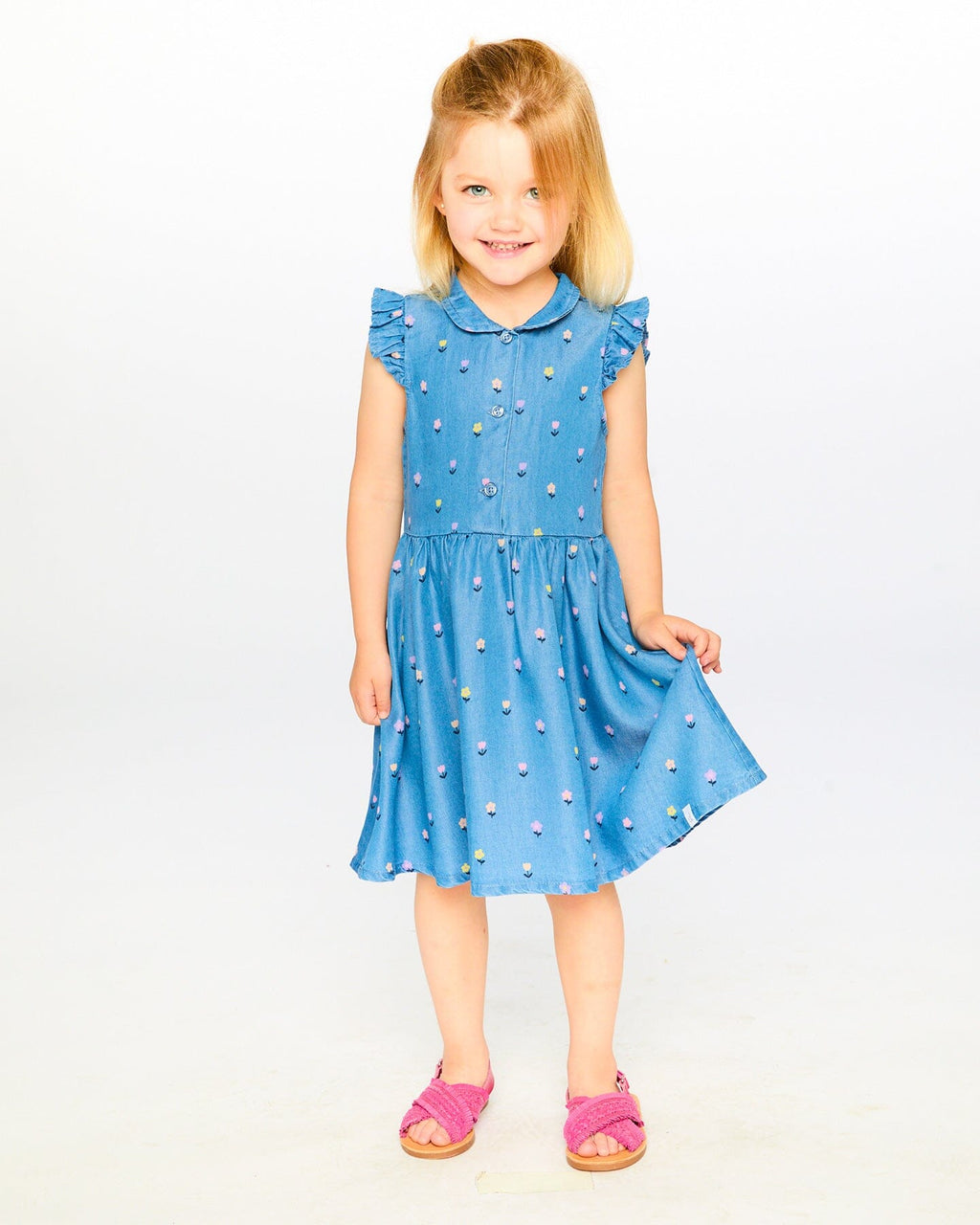 Sleeveless Button Down Dress Blue Flower Print-1