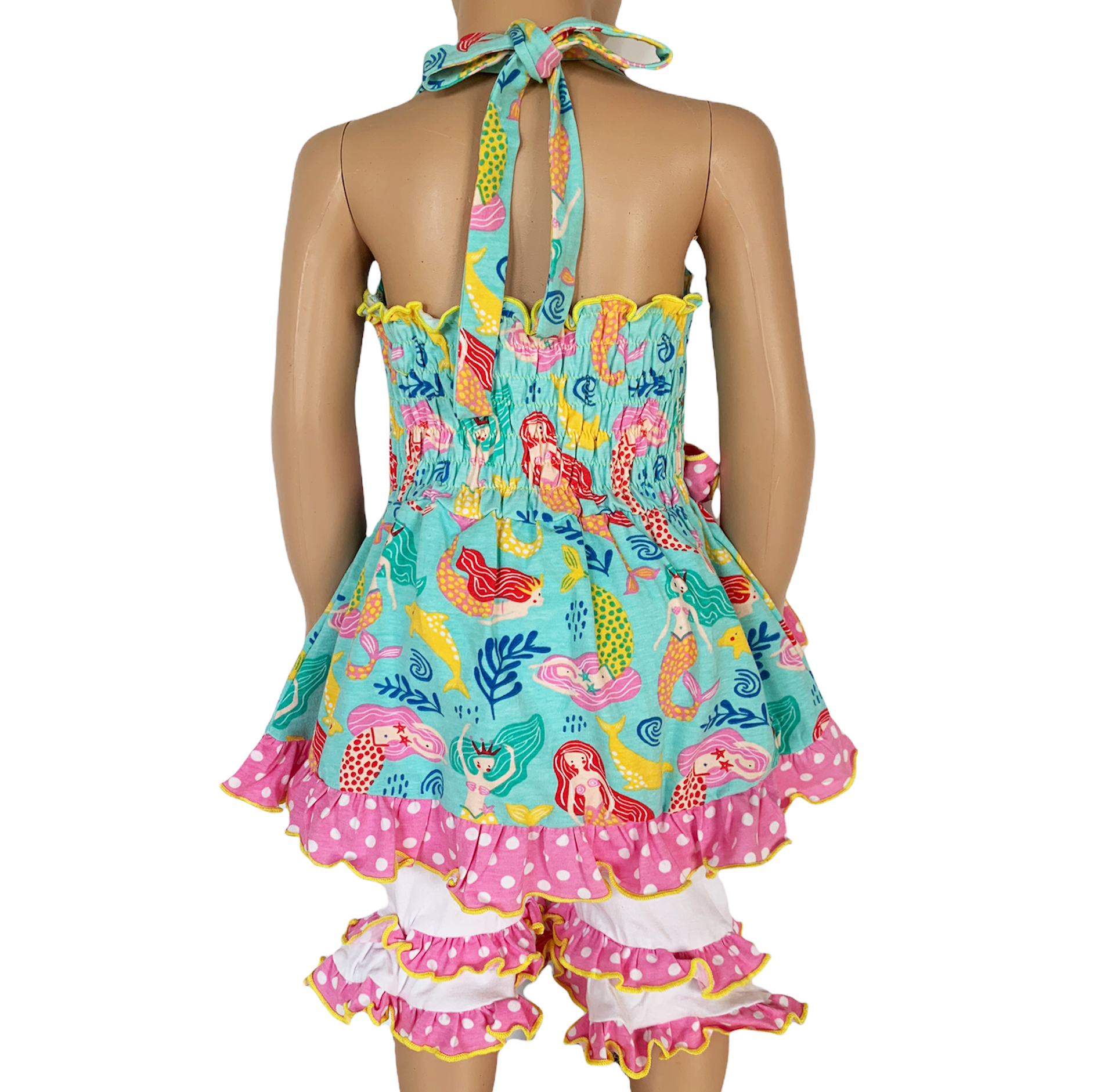 AnnLoren Girls Mermaid Halter Dress & White Ruffle Shorts Boutique Set