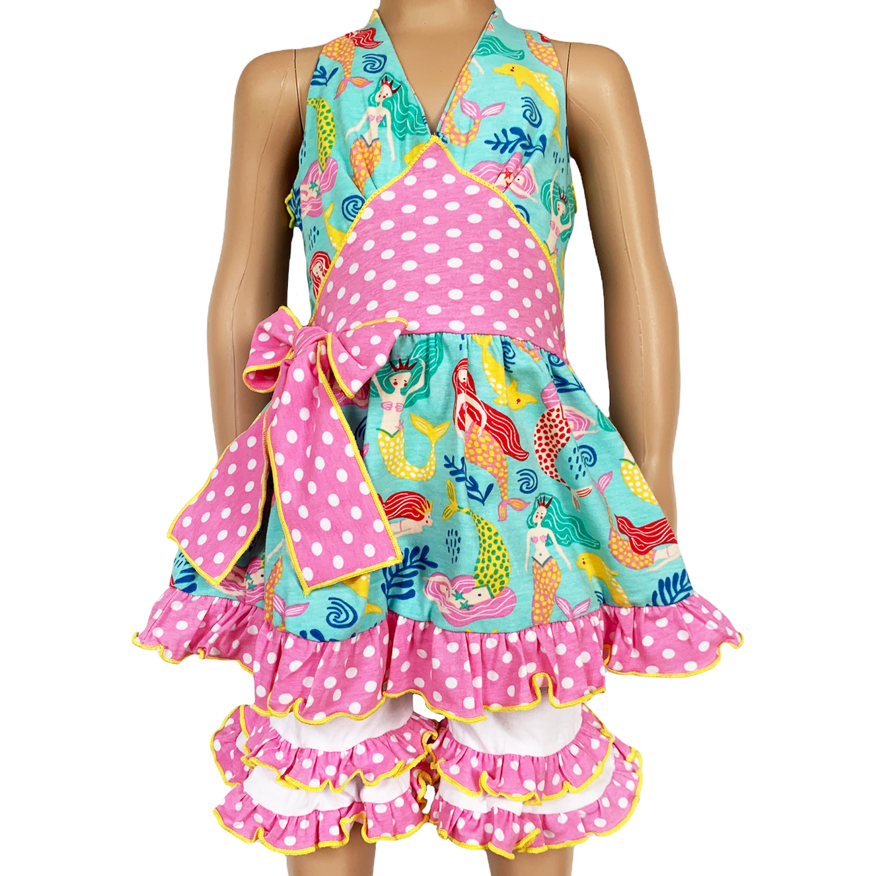 AnnLoren Girls Mermaid Halter Dress & White Ruffle Shorts Boutique Set