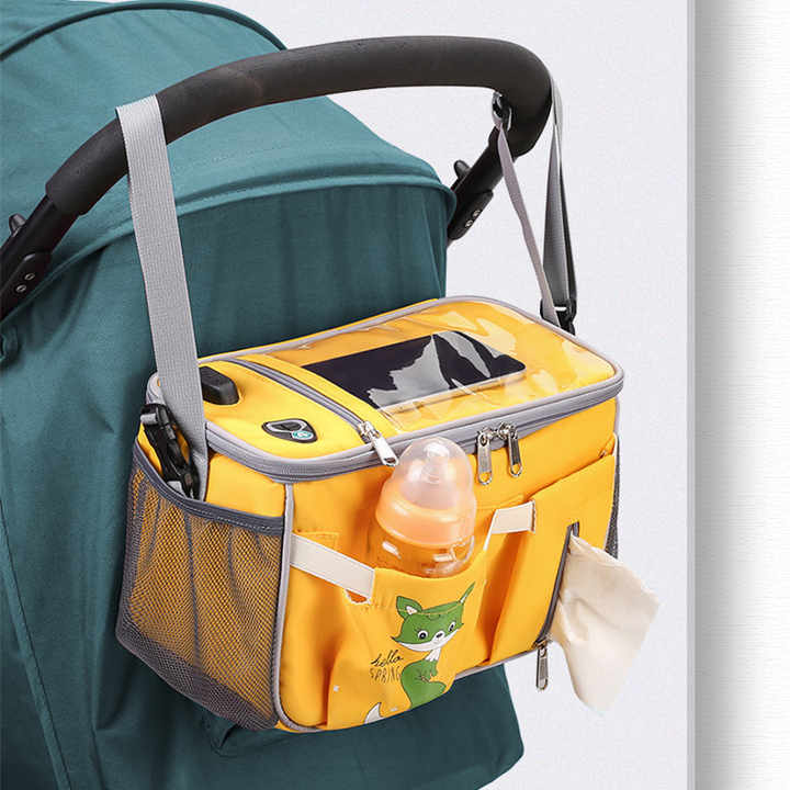 NNEDSZ Yellow Stroller Organizer Bag - Multi-Functional Baby Bag with Touchscreen Window, USB Port, and Bottle Holders