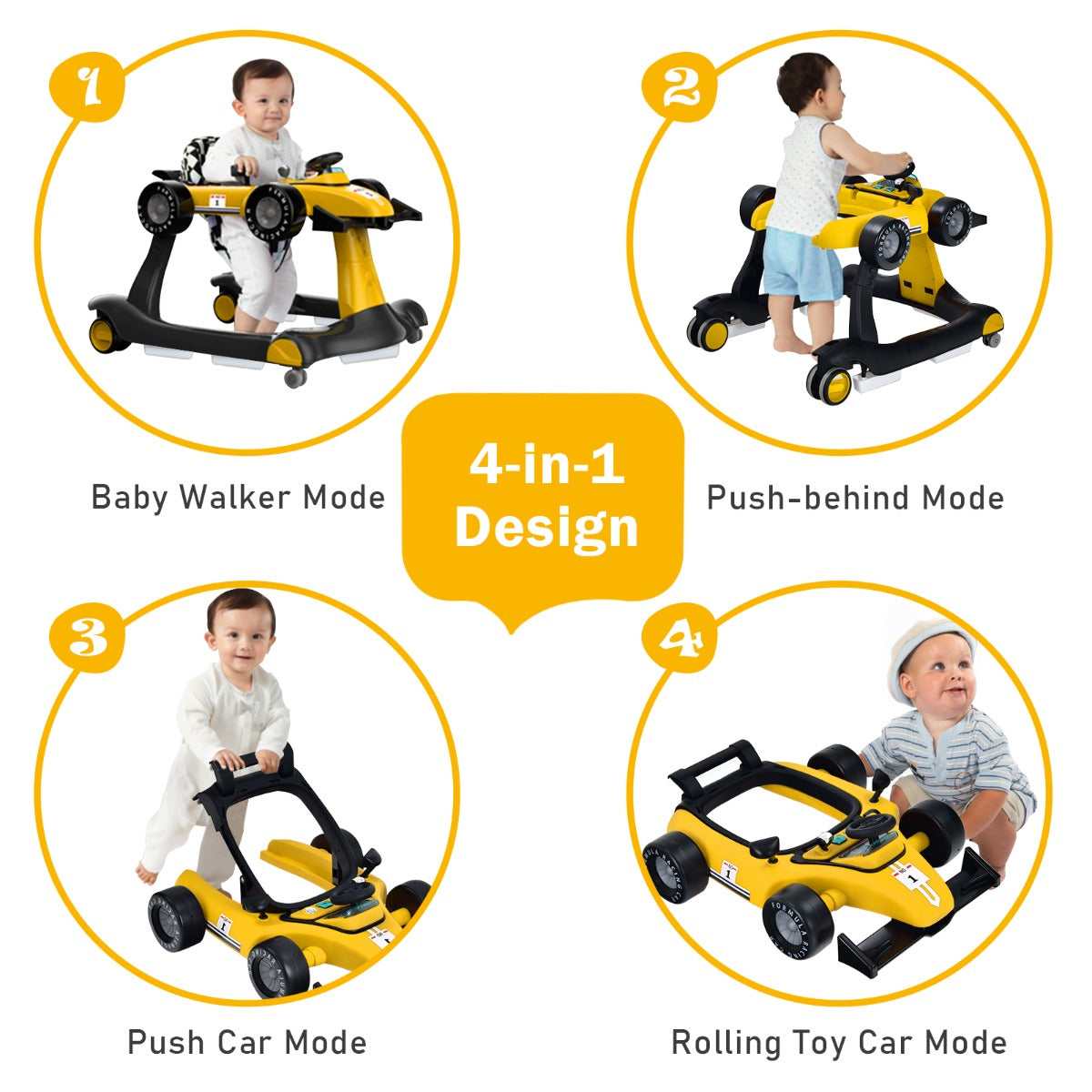 NNECW 4-in-1 Baby Walker with Adjustable Height and Speed-Yellow