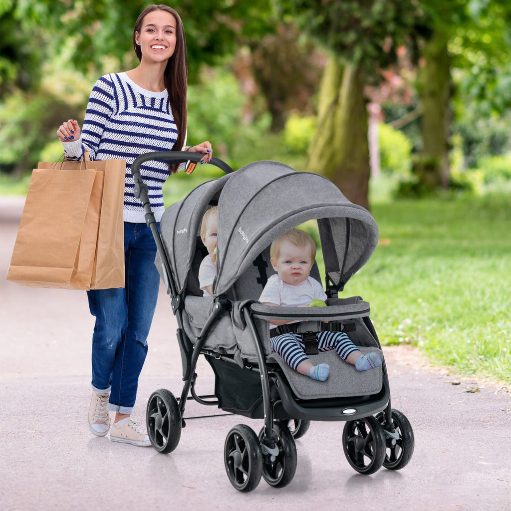 NNECW Folding Double Baby Stroller with Tandem Seating &amp; Canopy for Toddlers-Grey