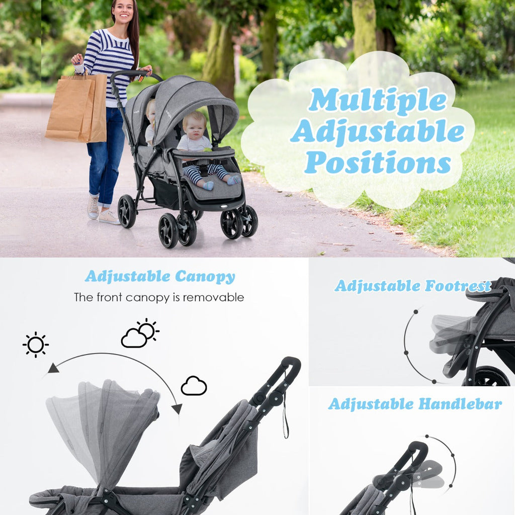 NNECW Folding Double Baby Stroller with Tandem Seating &amp; Canopy for Toddlers-Grey
