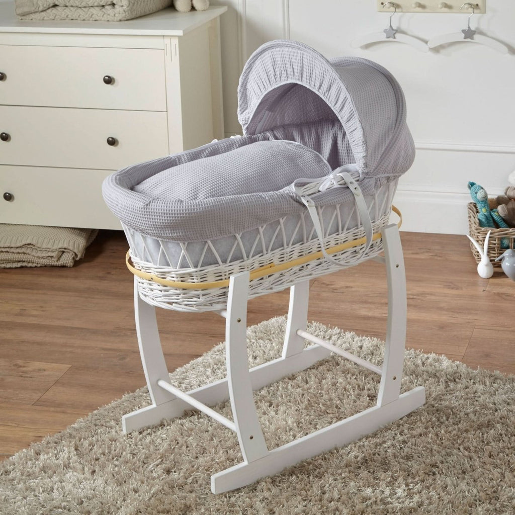 Grey Waffle White Wicker Baby Moses Basket With Stand-0