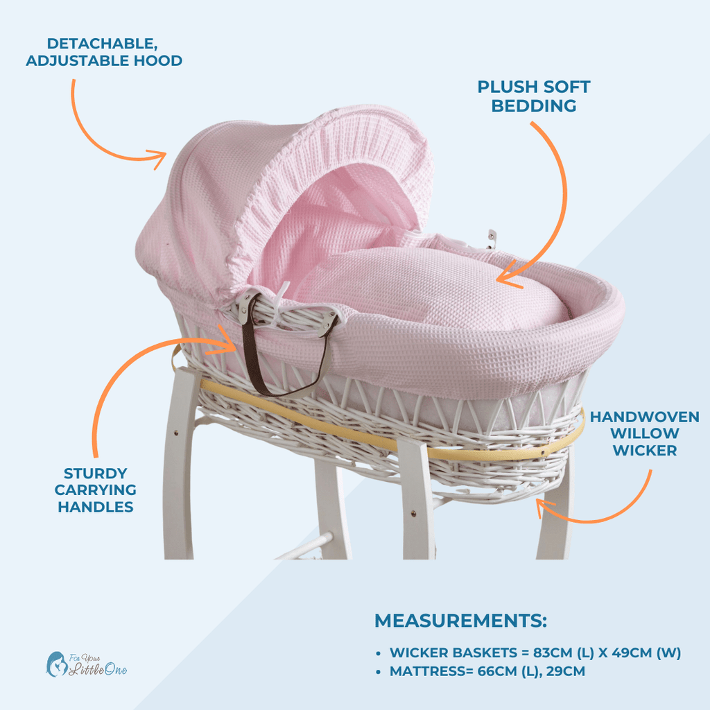 Grey Waffle White Wicker Baby Moses Basket With Stand-3
