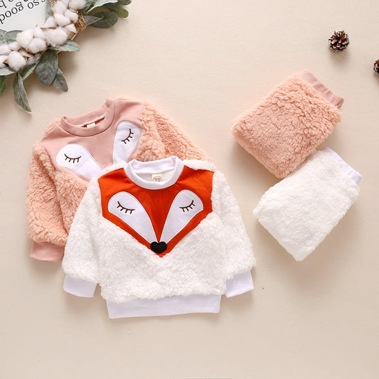 Winter Lamb Wool Newborn Baby Girls Clothes Cartoon Printed Tops And Pants Casual Round Neck Infant Girls Outfits Clothing D30