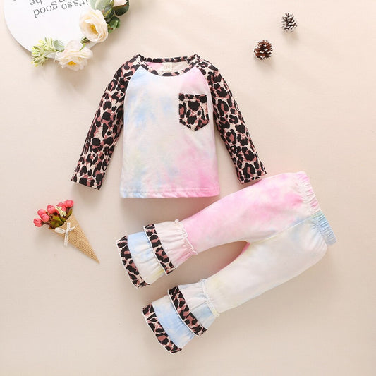 Fashion Baby Girls Clothing Set Cotton Long Sleeve Tie Dye Tops+Leopard Pants Casual Toddler 2Pcs Newborn Baby Girls Clothes D30