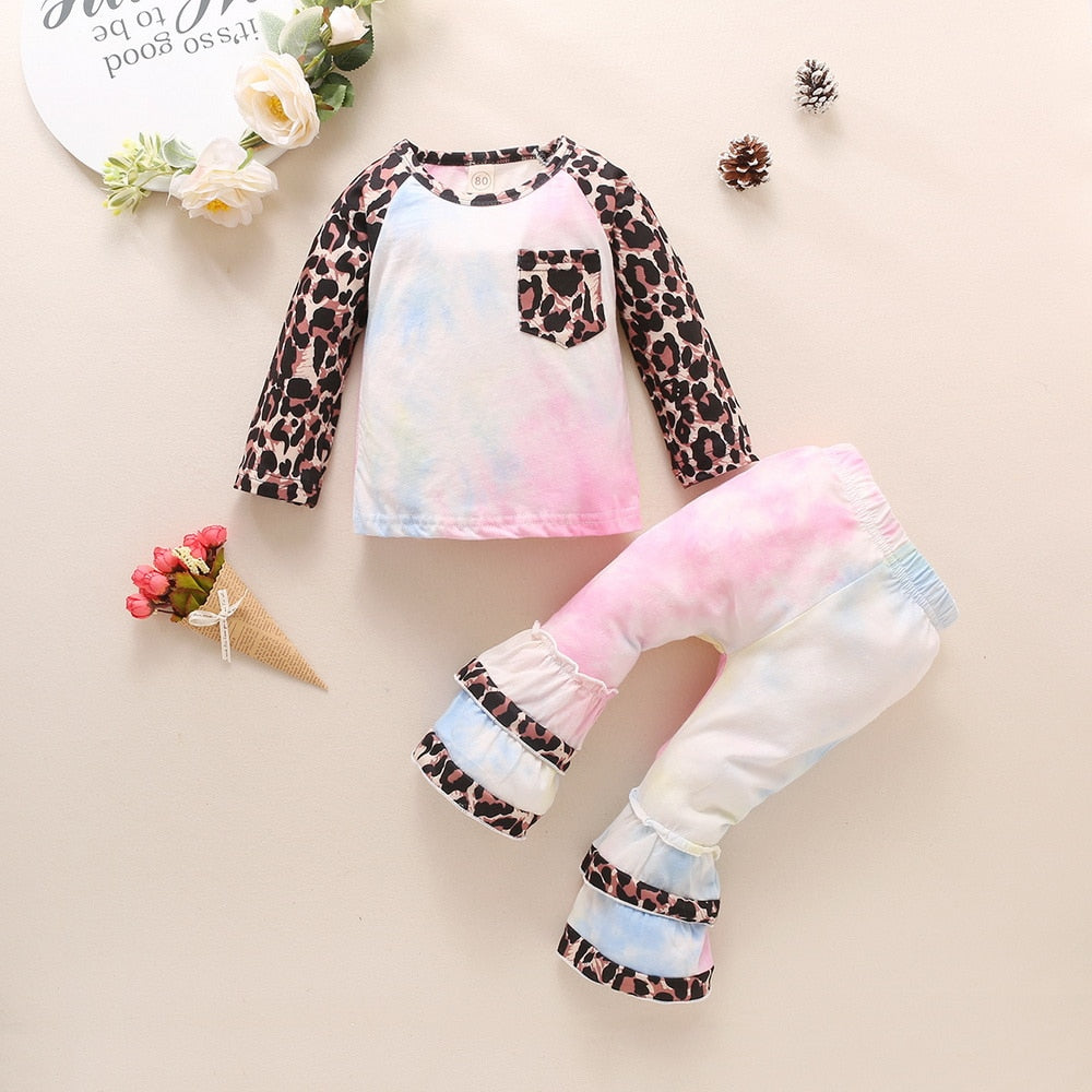 Fashion Baby Girls Clothing Set Cotton Long Sleeve Tie Dye Tops+Leopard Pants Casual Toddler 2Pcs Newborn Baby Girls Clothes D30
