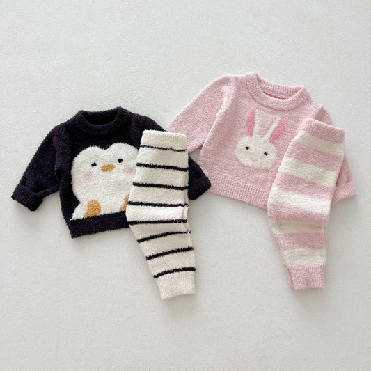 Cute and Versatile Two-Piece Set: Round Neck Fleece Top and Pants for Baby and Toddlers-0