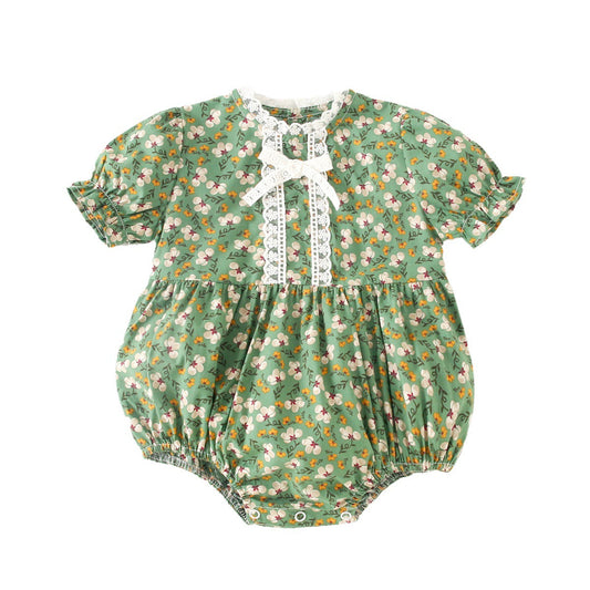 Summer Arrival Baby Girls Floral Print Short Sleeves Lace Neck Vintage Onesies-0