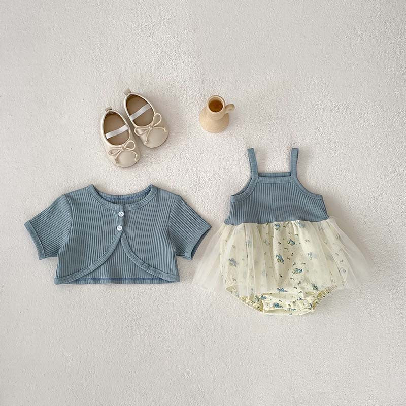 Arrival Summer Baby Kids Girls Solid Color Short Sleeves Cardigan And Sleeveless Strap Tulle Onesies – Sister Matching Set