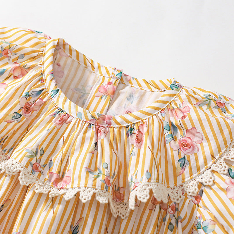 Summer Arrival Flowers and Stripe Pattern Short Sleeves Dress for Stylish Girls