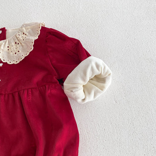 Christmas Baby Girl Laces Round Collars Long Sleeve One Piece In Winter