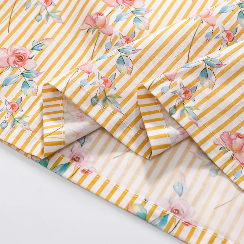 Summer Arrival Flowers and Stripe Pattern Short Sleeves Dress for Stylish Girls