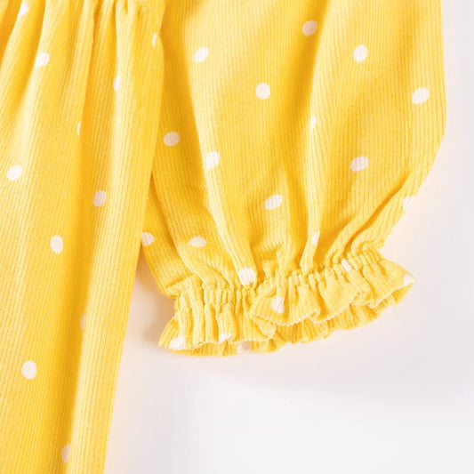 Autumn and Spring Arrival Princess Dots Pattern Long Sleeves Corduroy Dress for Stylish Girls