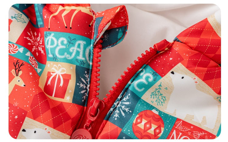 Winter Baby Christmas Red Plaid Patchwork Cartoon Thick Romper With Hood