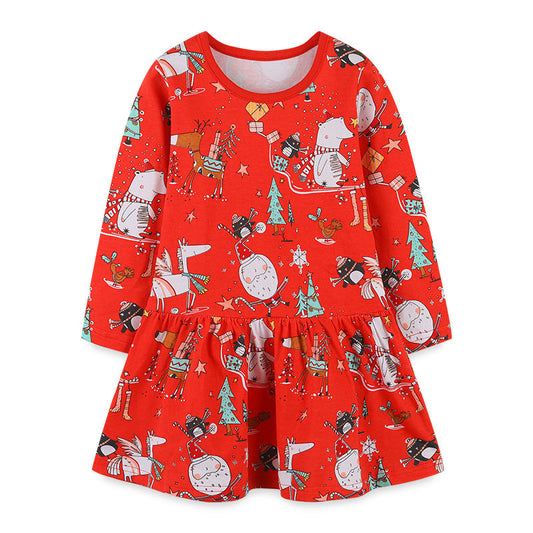 Baby Girl Cartoon Print Pattern Christmas Loose Long Dress