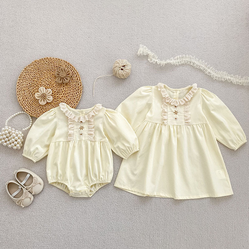 Autumn Baby Girls French Style Flowers Embroidered Pattern Long-sleeved Onesies and Dress – Princess Sister Matching Set